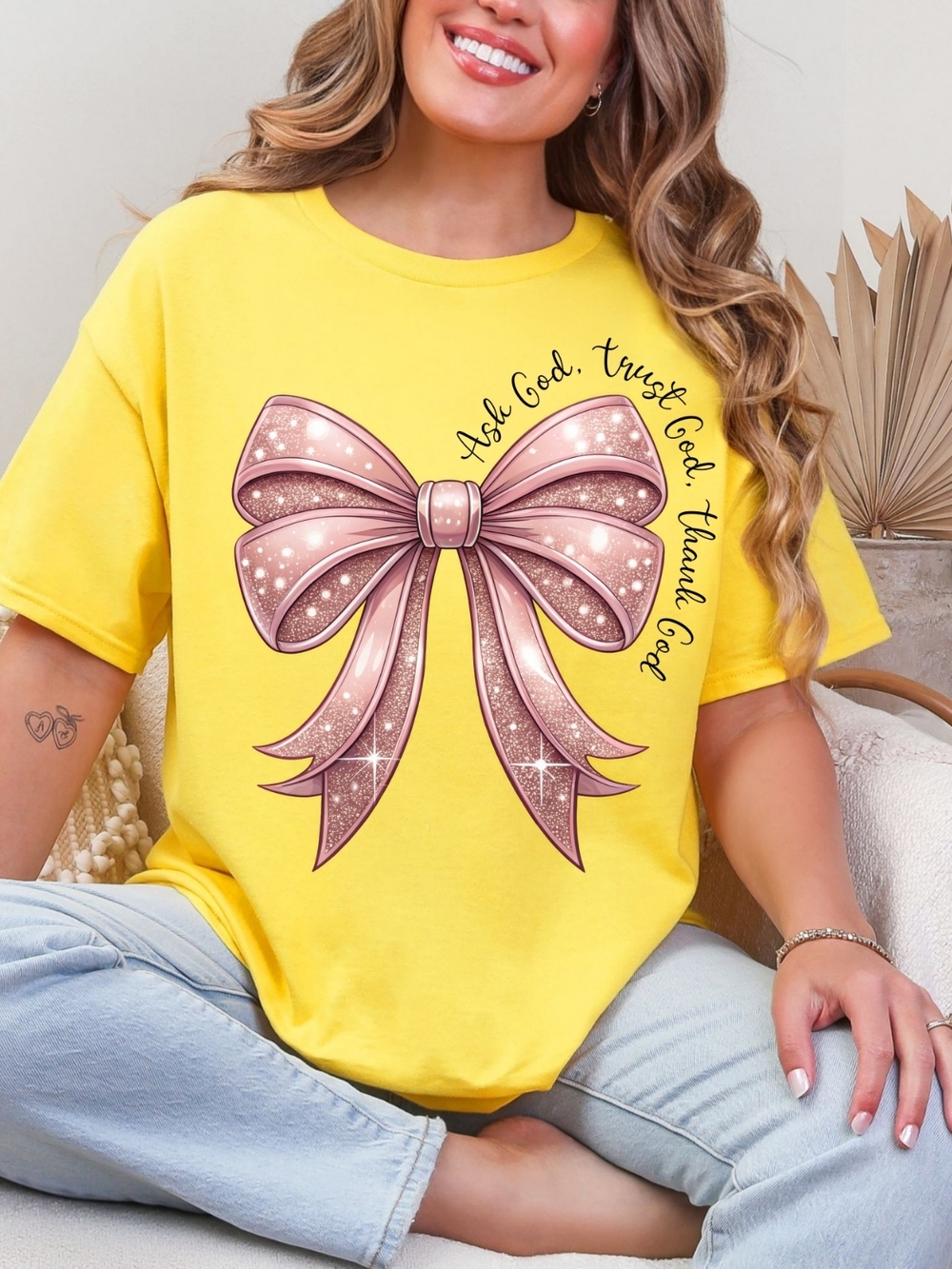 Gildan Yellow Tee with Pink Sparkle Bow Graphic
